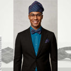 Blue Plaid Aso Oke Mens Set, Bow Tie, Gobi Hat, Pocket Square, Trado-corporate male