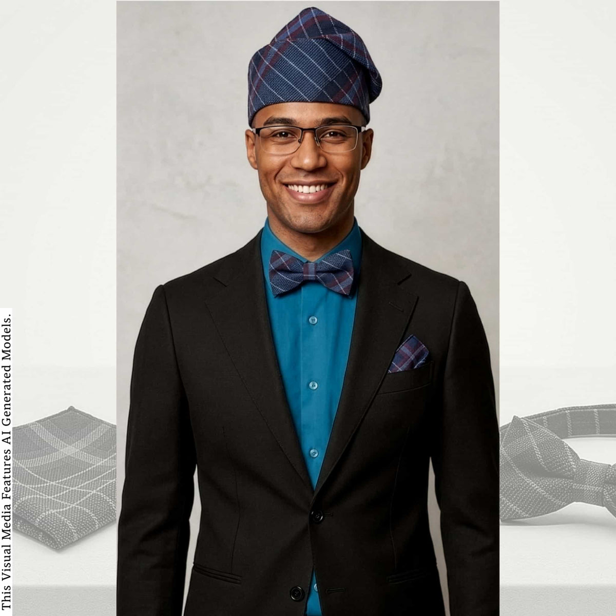 Blue Plaid Aso Oke Mens Set, Bow Tie, Gobi Hat, Pocket Square, Trado-corporate male