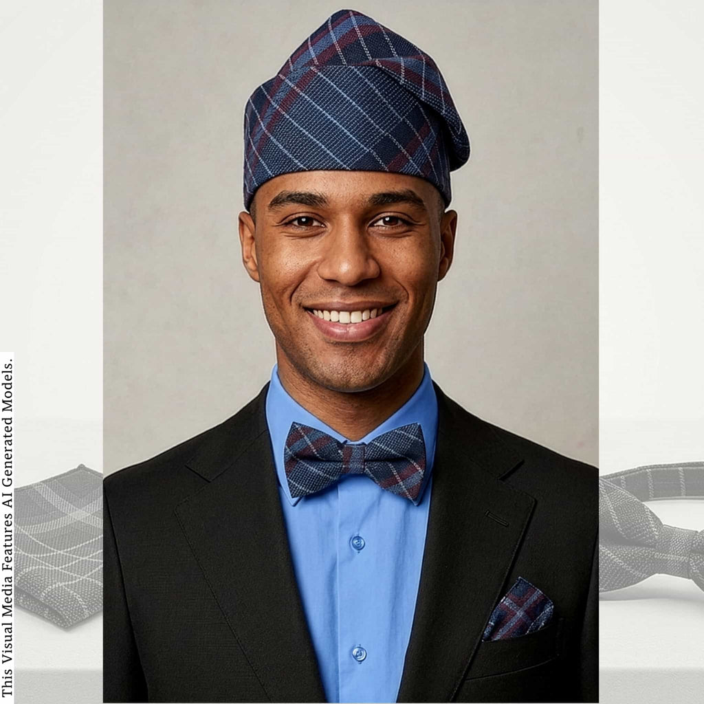 Blue Plaid Aso Oke Mens Set, Bow Tie, Gobi Hat, Pocket Square, Trado-corporate male