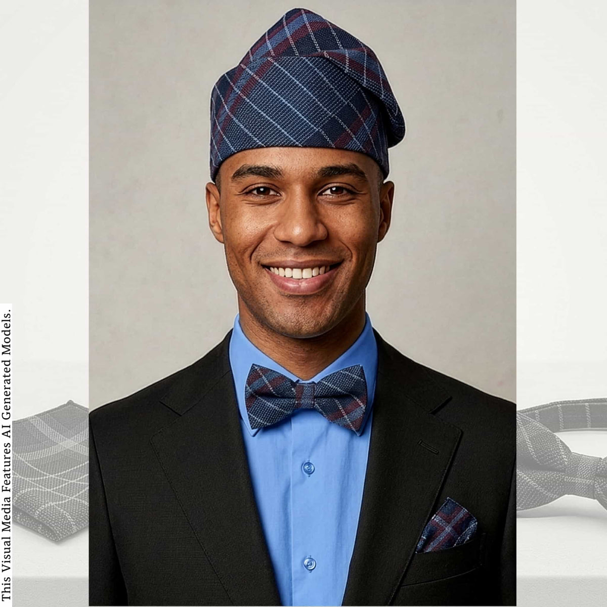 Blue Plaid Aso Oke Mens Set, Bow Tie, Gobi Hat, Pocket Square, Trado-corporate male