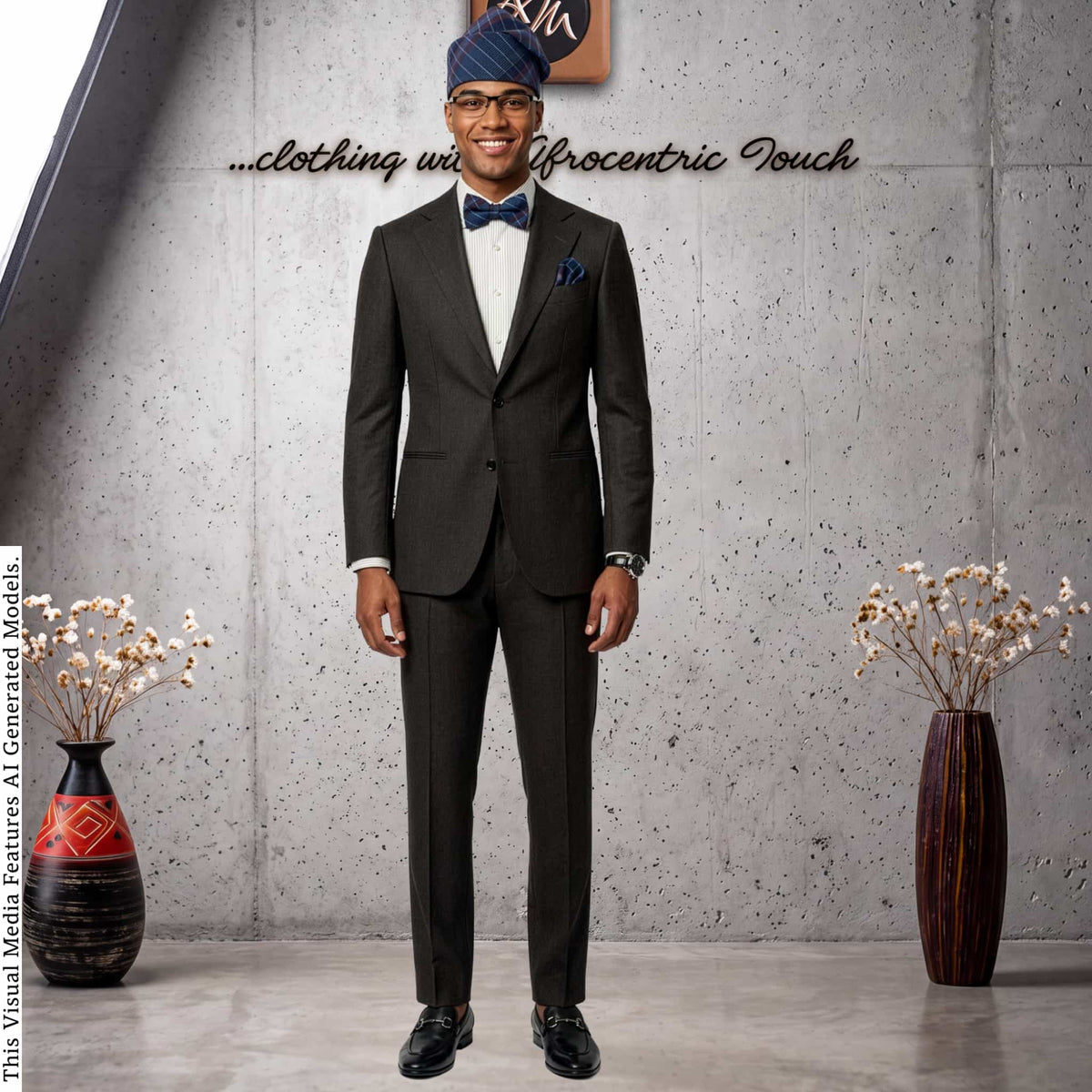 Blue Plaid Aso Oke Mens Set, Bow Tie, Gobi Hat, Pocket Square, Trado-corporate male