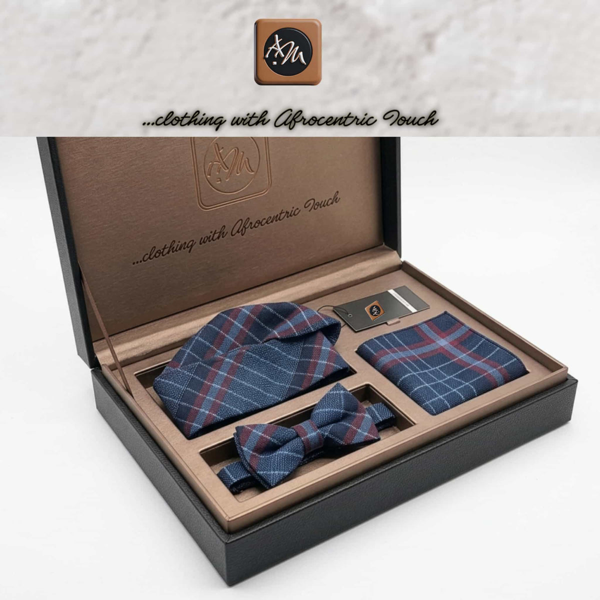 Blue Plaid Aso Oke Mens Set, Bow Tie, Gobi Hat, Pocket Square, Trado-corporate male