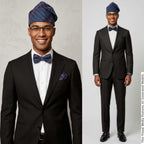 Blue Plaid Aso Oke Mens Set, Bow Tie, Gobi Hat, Pocket Square, Trado-corporate male