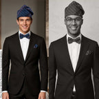 Blue Plaid Aso Oke Mens Set, Bow Tie, Gobi Hat, Pocket Square, Trado-corporate male