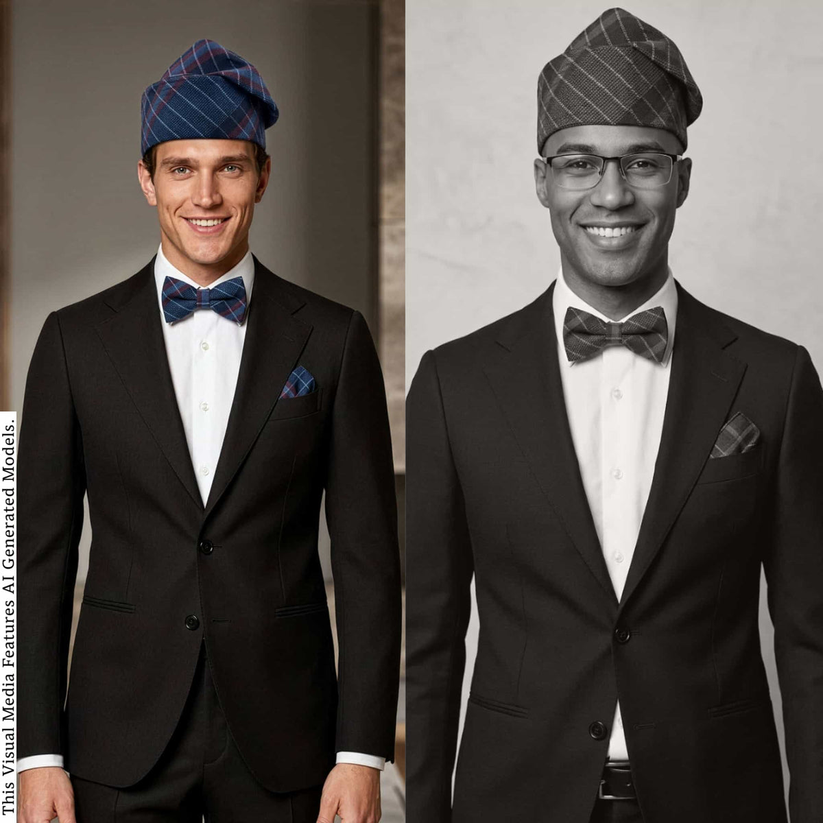 Blue Plaid Aso Oke Mens Set, Bow Tie, Gobi Hat, Pocket Square, Trado-corporate male