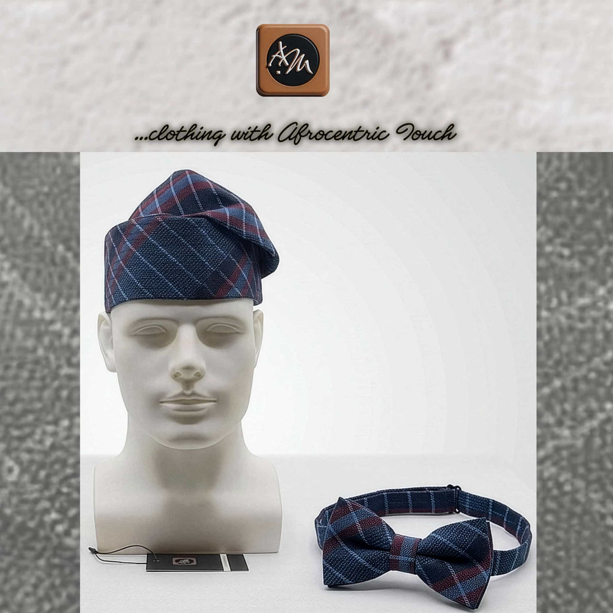 Blue Plaid Aso Oke Mens Set, Bow Tie, Gobi Hat, Pocket Square, Trado-corporate male