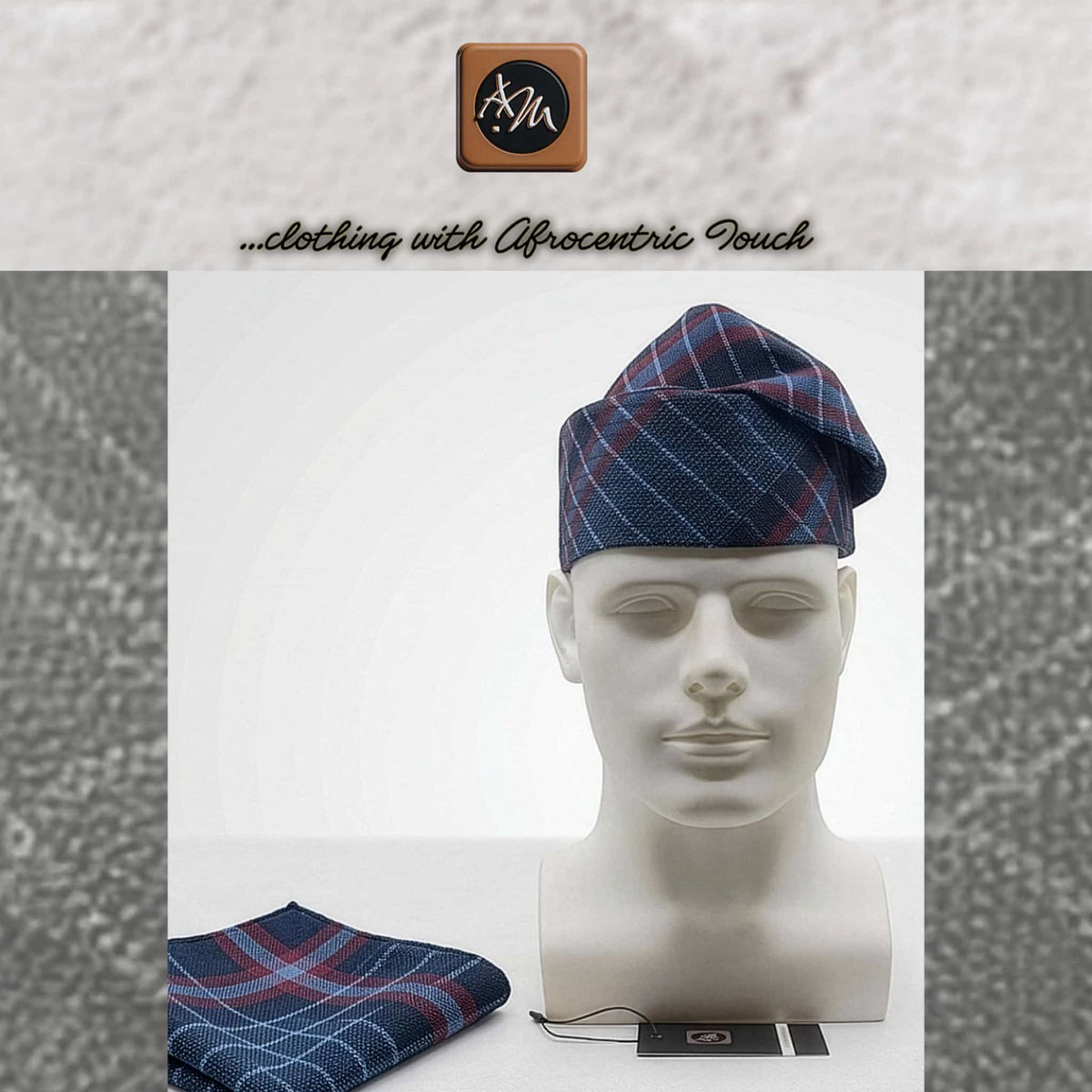 Blue Plaid Aso Oke Mens Set, Bow Tie, Gobi Hat, Pocket Square, Trado-corporate male