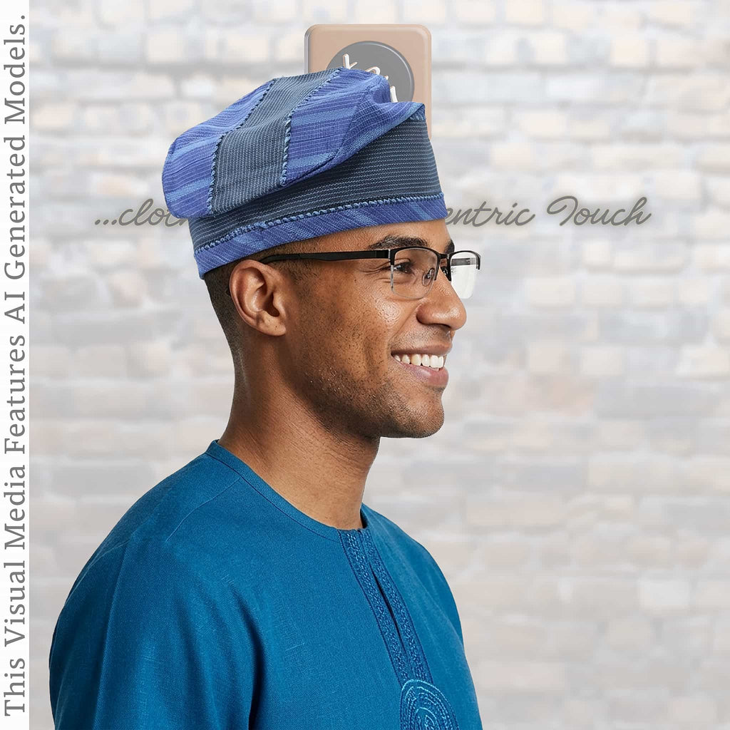 Navy Blue Silver Striped Aso Oke Fila, Yoruba Gobi Cap, Traditional African Men's Hat