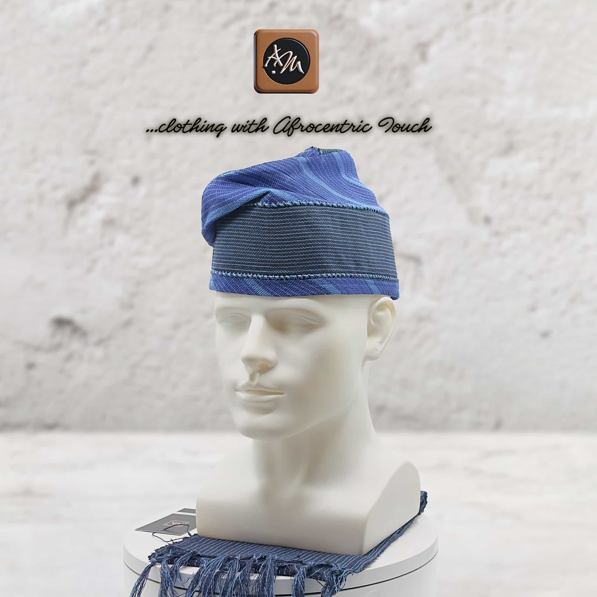 Navy Blue Silver Striped Aso Oke Fila, Yoruba Gobi Cap, Traditional African Men's Hat