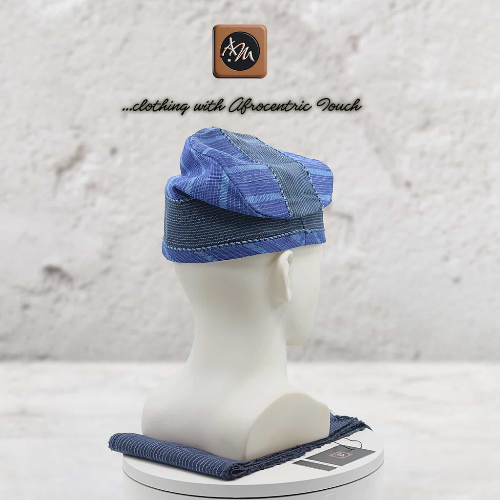 Navy Blue Silver Striped Aso Oke Fila, Yoruba Gobi Cap, Traditional African Men's Hat