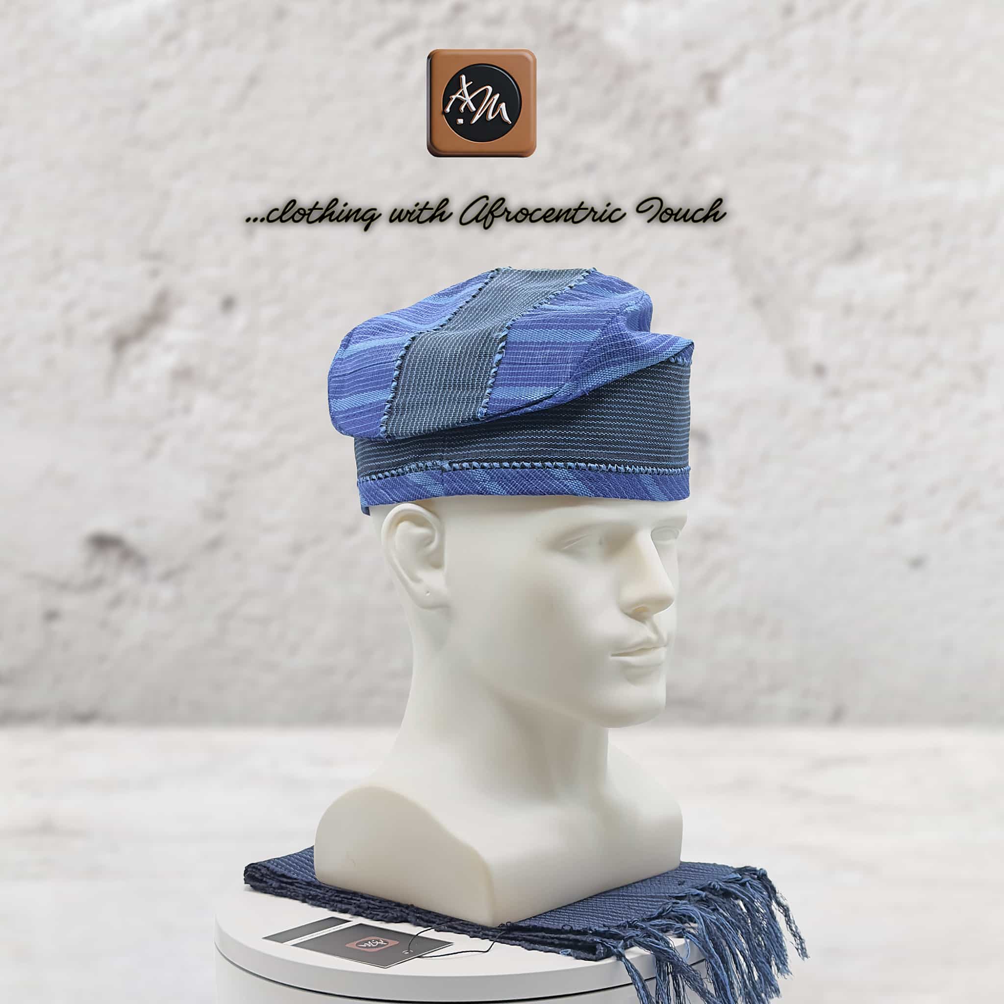 Navy Blue Silver Striped Aso Oke Fila, Yoruba Gobi Cap, Traditional African Men's Hat