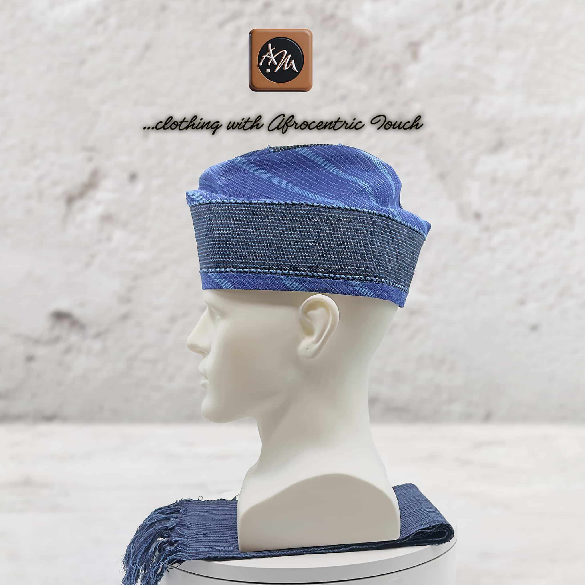 Navy Blue Silver Striped Aso Oke Fila, Yoruba Gobi Cap, Traditional African Men's Hat