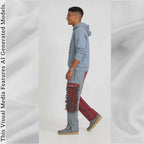 African Print Patchwork Joggers, Burgundy Fringe Streetwear Loungewear