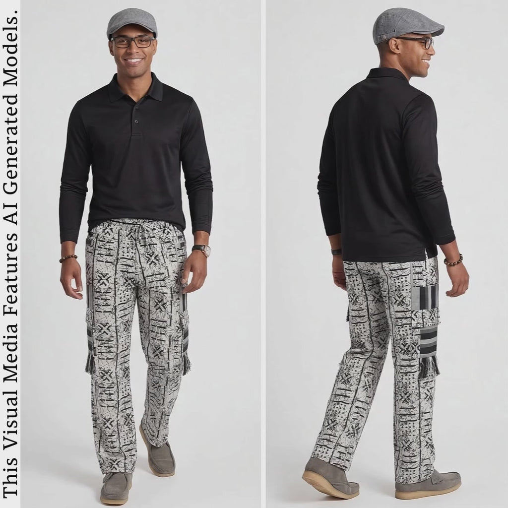 Men's Patchwork Cargo Pants, Bold Tribal Festival African Print Trousers, Afro Abstract Bottoms